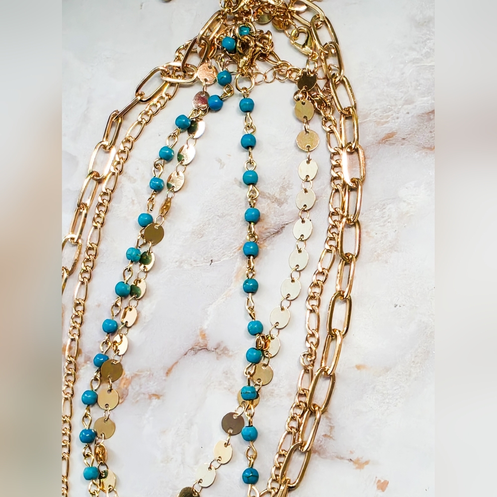 Gold Western Layered Necklace Set Cowboy Boot & Hat Charms Turquoise Beads - Picture 9 of 10